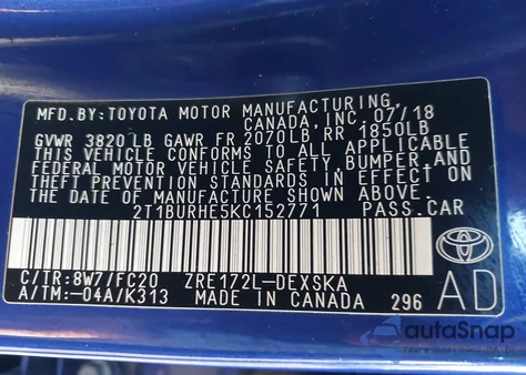 2019 Toyota Corolla Se from USA, damaged, VIN 2T1BURHE5KC152771